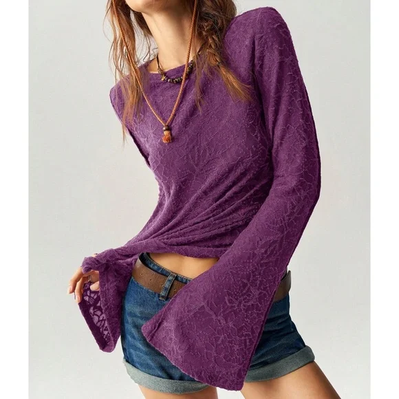 Solid lace Fitted Long Bell Sleeve Top